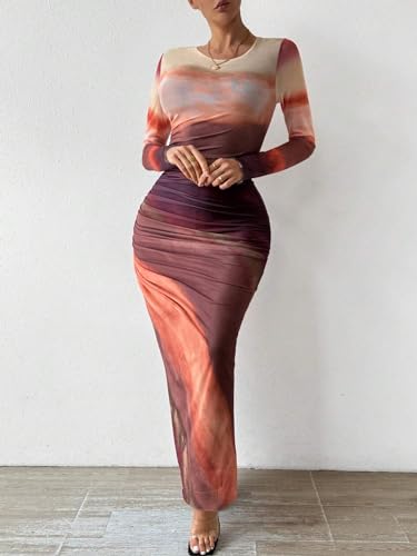 Image of MARZXIN Women Long Sleeve Maxi Dress Bodycon Ruched Formal Slim Fit Tie Dye Dress Formal Mesh Dress