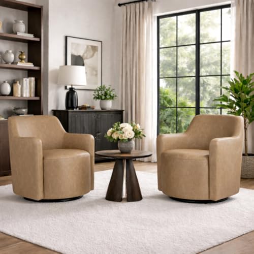 Image of HomePop 360 Barrel Back Swivel Chair - Sand Faux Leather