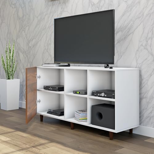 Image of VIKI Modern TV Unit for Living Room | Engineered Wood TV Cabinet with 1 Door Storage & 2 Open Shelves, Entertainment Unit, 140W x 74H x 40D cm | DIY | 1 Year Warranty (White & Walnut)
