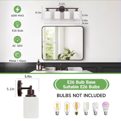 Image of 4-Light Bathroom Light Fixtures, E26 Oil-Rubbed Bronze Gold Vanity Lights for Mirror with Textured Milky White Glass Shade, Modern Kitchen Light Fixtures Wall Sconce Light