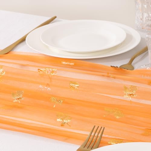 Image of Fall Maple Leaf Table Runner Orange Sheer Gauze Foil Table Runner, 6PC