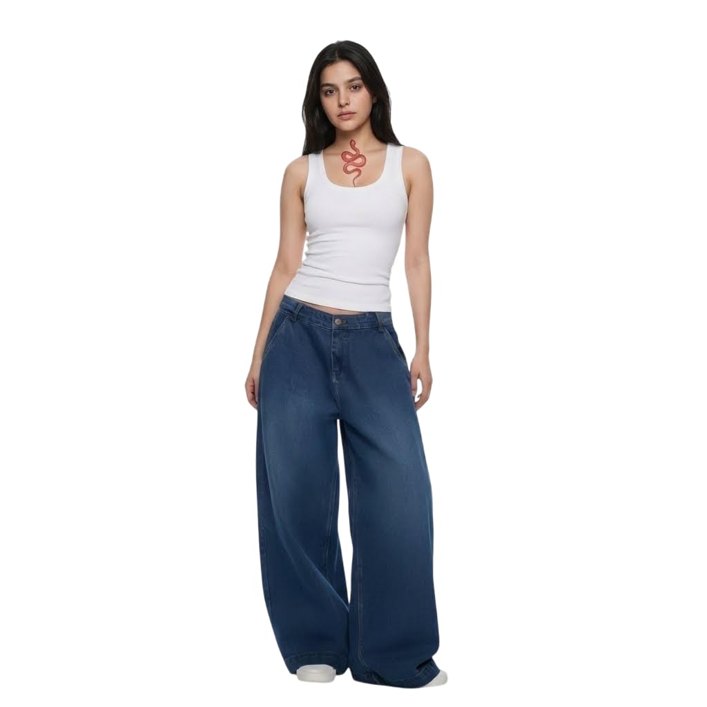 Women's Wide Leg Baggy Jeans High Waist Loose Fit Denim Palazzo Pants for Girls | Straight Flared Bell Bottom Style | Dark Blue Stone Washed Korean Y2K Streetwear Trousers-picture-42