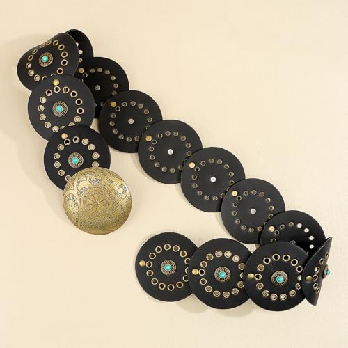 Women's Boho Disc Belt Wide Western Cowboy Belt Vintage Cowgirl Chunky Concho Belts for Dress Jeans4