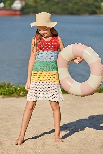 Image of Haloumoning Girls Color Block Crochet Knit Swim Cover up Kids Summer Sleeveless Beach Dress 5-14 Years