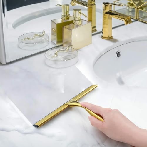 Image of J&V TEXTILES All-Purpose Stainless Steel Shower Squeegee for Glass Doors with Adhesive Hooks, Squeegee for Shower Glass, Bathroom Household Cleaner Tool, 10 Inch (Gold)