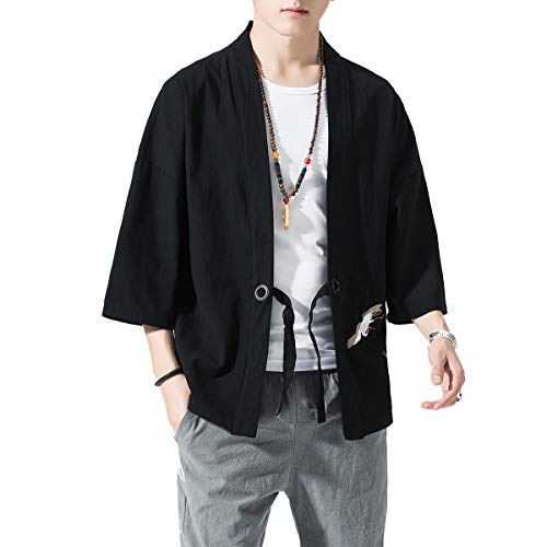 Image of PRIJOUHE Men's Kimono Jackets Cardigan Lightweight Casual Cotton Blends Linen Seven Sleeves Open Front Coat Outwear