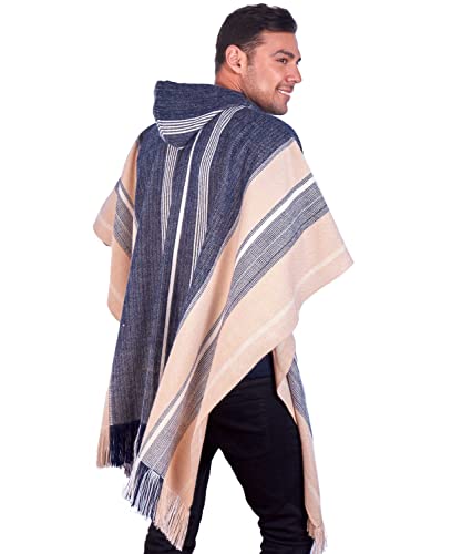 Image of Hodded Beige and Blue Alpaca Poncho for Men inchSuyana inch - Traditional Peruvian Blanklet Poncho