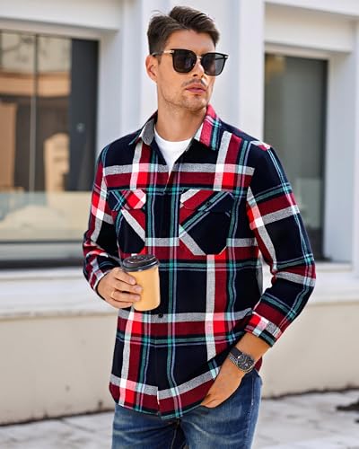 Image of WARHORSEE Flannel Shirt for Men Long Sleeve Button Down Plaid Shirts | Soft Cotton Blend for Multi-season Wear, Lightweight yet Warm, Dual buttoned storage pockets, Machine Washable Easy Care