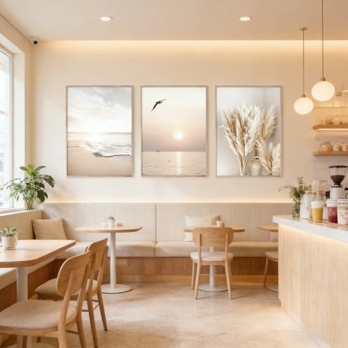 BeiYiHo 3 Tableau Decoration Murale Pampa Plage Mer Poster Nature Paysage 40x50 Affiches Photo Chambre Chic Bohème Deco Beige Impression sur Toile Zen sans...