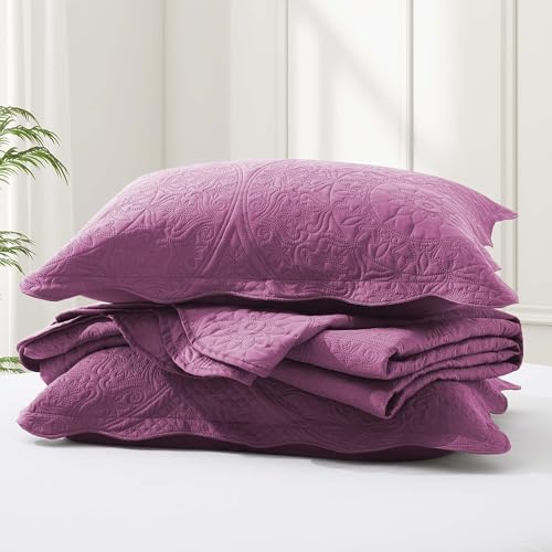 IR Imperial Rooms Queen Quilt Bedding Set Size (90" x 96") + 2 Pillow Shams (20" x 26"+ 2") - 3 Pcs All Season Lightweight Reversible Microfiber Coverlet Floral Embossed Quilt Bedspread (Purple)