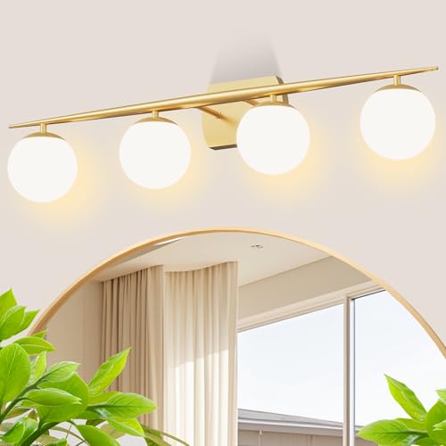 LOBREG Gold Vanity Lighting Fixtures, 4-Light 34.7 Inch Modern Bathroom
