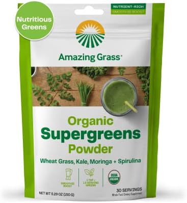 Amazing Grass Super Greens Booster: Greens Powder Smoothie Mix with Spirulina, Moringa, Wheat Grass & Kale Smoothie Booster, Chlorophyll Providing Greens, 30 Servings