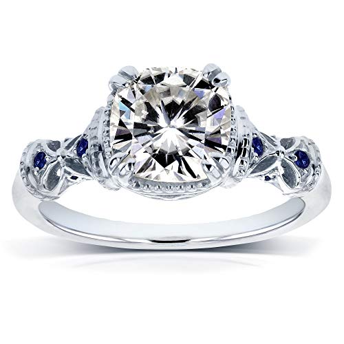 Kobelli Antique Style Cushion-cut Moissanite (GH) Engagement Ring with Blue Sapphire 1-3/4ct TGW 14k White Gold