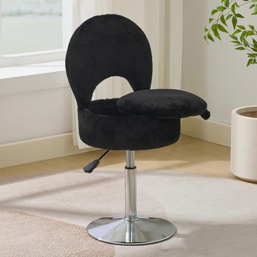 RUCUKEN Small Black Vanity Stool Chair with Storage Ottoman Adjustable Vanity Chair with Folding Back, Makeup Ottoman Stool for Vanity Chrome Finish