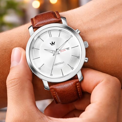 Image of CRESTELLO Brown /Green /Black Leather Strap Analog Wrist Watch with Day-Date Display for Men (Silver /Green /Brown /Black Dial) | CR-WT210