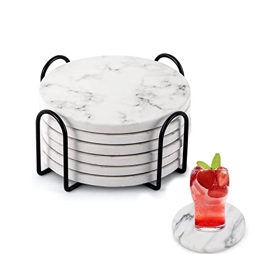 Opiniones de Posavasos los preferidos por los clientes. 43 PERCEA Posavasos de Cerámica, Posavasos Redondo Diseño de Mármol, Juego De 6 (Blanco-1)