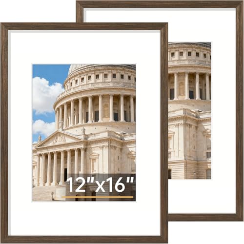 Vittanly 12x16 Picture Frame, Solid Wood Frame with Mat, Brown, 2 Pack