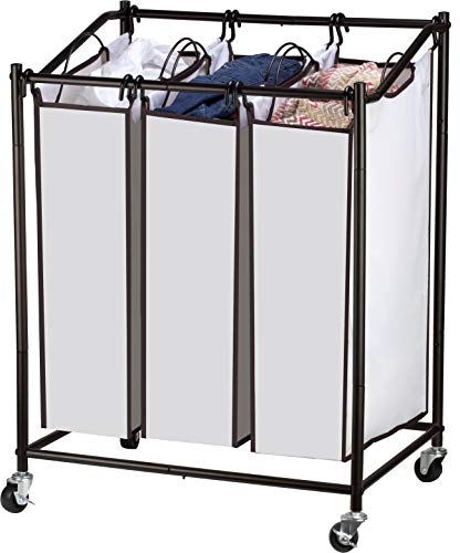Laundry Hamper with Wheels - Rolling Laundry cart Heavy Duty - Triple Laundry Sorter, Chrome/White Laundry Organizer