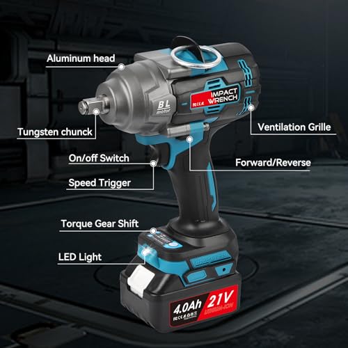 Mistro Avvitatore A Impulsi 21V 1000Nm Senza Spazzole: 1/2" Avvitatore A Batteria 2 Batterie 4.0Ah, Avvitatore Ad Impulsi Con Led E Set 6 Dadi Per Auto, Gommista, Fai Da Te E Professionisti - 8