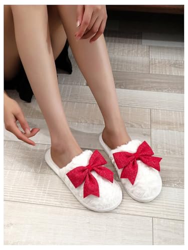 OYOANGLE Women's Bow Decor Round Toe Fuzzy Slippers Plush Home Slippers Indoor Bedroom Warm Slippers4