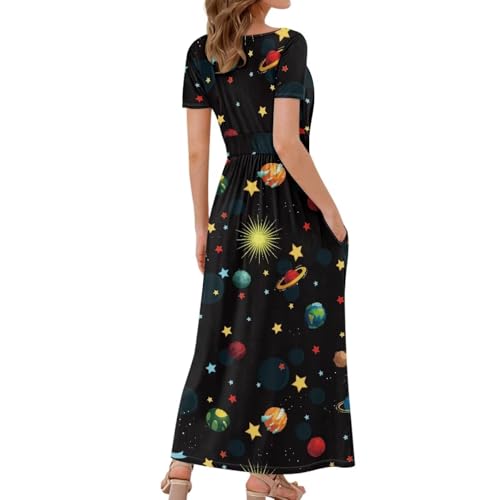 Image of Women's Fall Summer Short Sleeve Ankle Length V-Neck Party Dress with Pockets Size S-3XL