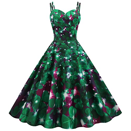 Battnot Damen St. Patrick's Day Kleider Grün Sexy Elegant, Frauen Schulterfrei Rückenfrei Ärmelloses Vierblättriges Kleeblatt Drucket Swing Cocktailclub Party Prom Abendkleid Womens Halfter Dress XXL Cover