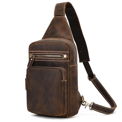 Sac de Poitrine Homme en Cuir Veritable Sacoche à Bandoulière Sacs a dos porté épaule Travers Pochettes des Sport Affaires Voyage, 9334 brun foncé
