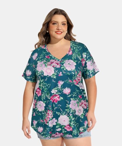 Image of RITERA Women Plus Size Tops Tie Dye V Neck Shirt Floral Camo Summer Short Sleeve Tunic Oversized Ladies Blouse XL-5XL