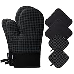 Yeqqzq Oven Mitts and Pot Holders 6pcs Set, Kitchen Oven Glove High Heat Resistant 500 Degree Extra Long Oven Mitts and Potholder with Non-Slip Silicone Surface for Cooking, Baking, BBQ (Black)