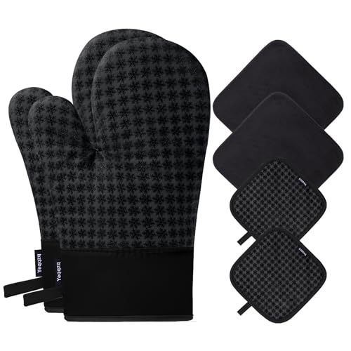 Yeqqzq Oven Mitts and Pot Holders 6pcs Set, Kitchen Oven Glove High Heat Resistant 500 Degree Extra Long Oven Mitts and Potholder with Non-Slip Silicone Surface for Cooking, Baking, BBQ (Black)