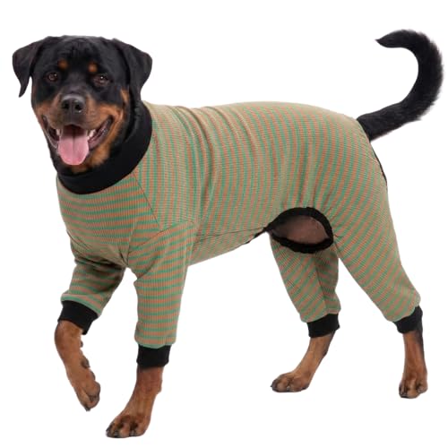 LovinPet Big Dog Pajamas, Cotton Brown and Green Stripe Dog Shirt, Stop Shedding for Dogs, Pet Pajamas for Dogs, UV Protection, Pitbull Clothes, Pet PJ's, M
