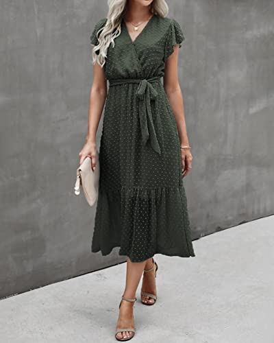Image of BTFBM Women Summer Bohemian Floral Casual Wrap V Neck Ruffle Cap Sleeveless Belt A-Line Pleated Hem Midi Sun Dress White