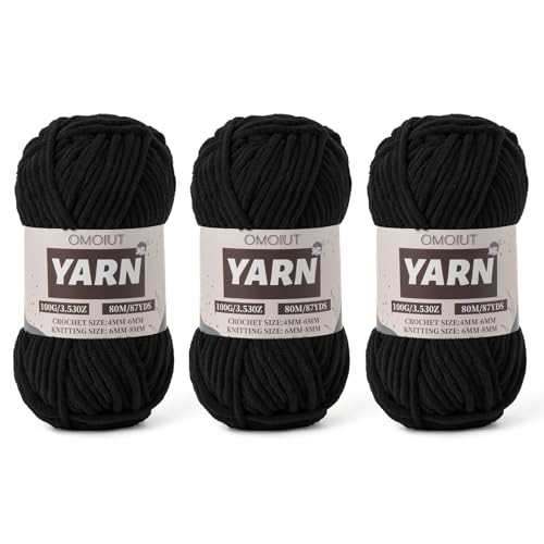Image of Fluffy Chenille Yarn for Crocheting - Baby Yarn for Crocheting Soft Blanket - 3 Pack of 100g /(87.4yds) Crochet Amigurumi Chunky Yarns - Super Bulky 5 Velvet Yarns (3 Black)