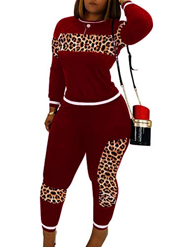 Womens Bodycon Two Piece Outfits Leopard Print Loose Fitting Top Jogger Tracksuit Sportswear Set Wine Red L