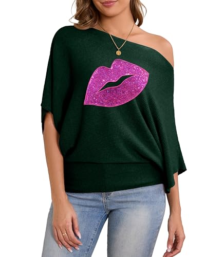Image of PESION Women's Oversized Off The Shoulder Sweaters Loose Dolman Short Sleeves Chunky Knit Pullover Jumper Tops, Green+ Pink Lip