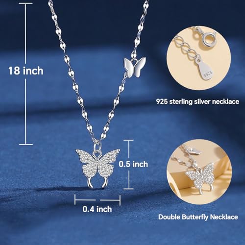 Butterfly Necklace for Women, 925 Sterling Silver Dainty Double Butterfly Pendant Necklace with Cubic Zirconia, Cute Choker Necklaces Jewelry Gifts for Women Mom Friends Grandma4