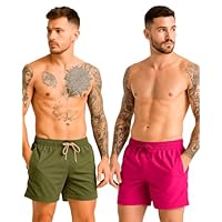 Kit 2 Short Masculino Mauricinho Linho Premium Bermuda Slim Verão Leve - Verde/Rosa GG