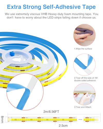Image of Aclorol 6 FT USB LED Strip Lights for Bedroom 2 Pack Cold White 6000K | Dimmable Brightness, 5V COB LED Strip with Self-Adhesive, Flexible for Bedroom Kitchen Cabinet Mirror Staircase DIY Lighting