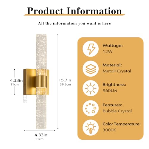 Image of Crystal Wall Sconces LED Sconces 15.7 Inch Wall Lighting, Bathroom Vanity Light Fixtures, 3000K Vertical and Horizontal Wall Mounted Sconce for Bedroom Living Room Hallway,12W (Gold)