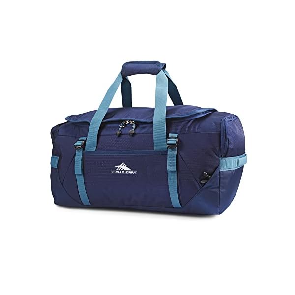 High Sierra Fairlead Travel Overnight Duffel Backpack Gym Bag with Padded Handles, Compression Straps, and Multiple Pockets, True Navy/Graphite Blue