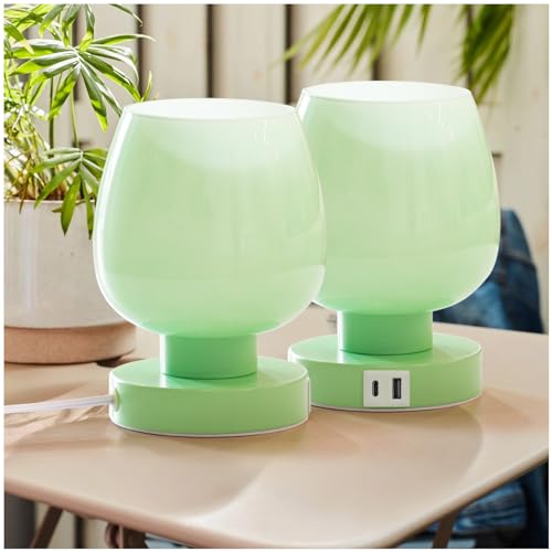 ONEWISH Touch Bedside Table Lamp with USB Charging - 3 Way Dimmable Small Glass Lamp for Bedroom, 2700K LED Bulb Included, Green, 2 Packs USB-green_2packs USB