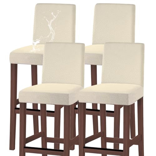 Image of Bar Stool Covers Counter Chair Slipcovers Set of 4,Beige | Stretch Barstool Seat Covers,Washable Removable Pub Tall Stool Slipcover,Bar Chair Cover for Kitchen Dining Room Cafe
