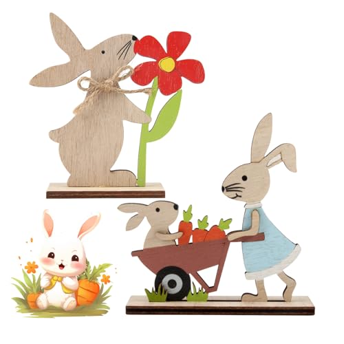 XIAQICA 2 Pezzo Decori Coniglio Pasquale in Legno Simpatica Decorazione da Tavolo con Coniglietto Pasquale 12CM Decorazione Pasquale da Appoggiare