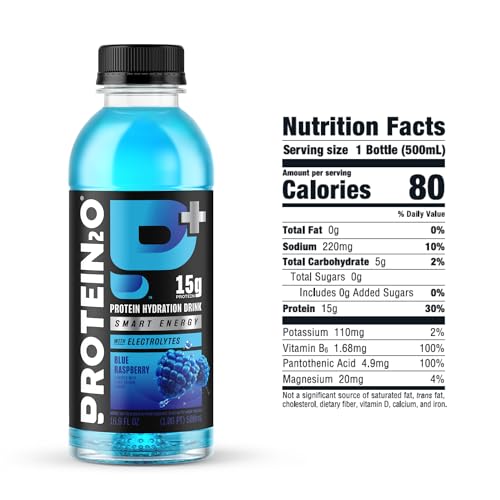 Protein2o 15g Whey Protein Isolate Hydration Drink Plus Energy & Focus, 350mg of Electrolytes, 125mg of Caffeine, Sugar Free, Blue Raspberry, 16.9 oz Bottle (Pack of 12)