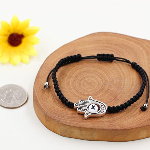 Image of Uloveido Customized A to Z 26 Letters Hand of Fatima Bracelet - Fatima Hamsa Hand Evil Eye Protection Bracelet Lucky Charm Adjustable Braided Black String