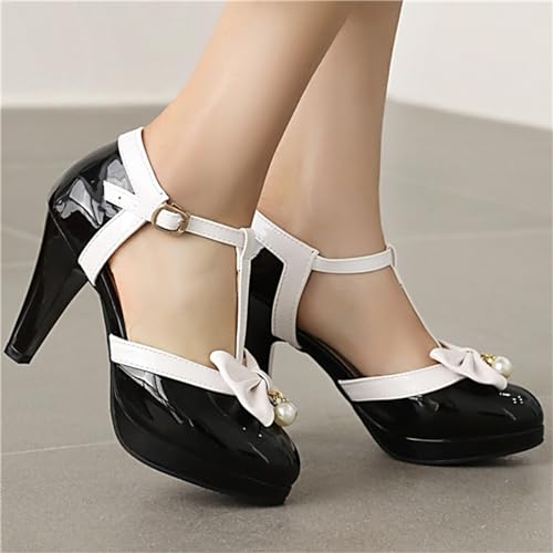 Image of Elbslutt Women's Cute Retro Rockabilly Shoes T Strap Mary Janes Heels Chunky Cosplay Shoes Sweet Block Heeled Bow Pumps