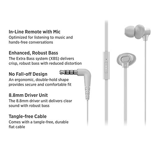 Image of Panasonic Extra Bass in-Ear Wired Earphone with Tangle Free Flat Cable, No-Fall Double Hold in-Ear Design, in Line Remote with Mic (RP-TCM130GEW, White)