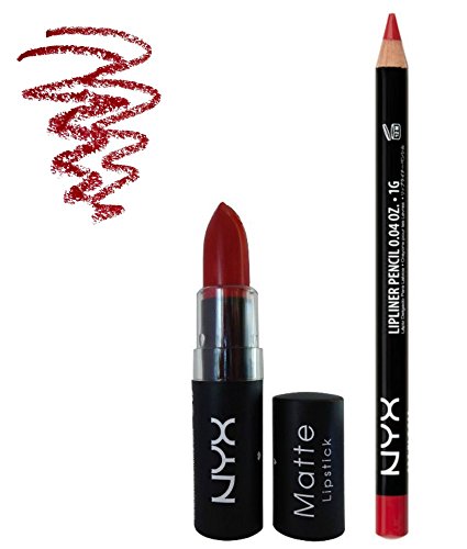 NYX Perfect Red (Bright Blue Toned Red) Matte Lipstick and NYX Hot Red (True Red) Slim Lip Pencil Liner (2 items) - Perfect Pairing Collection