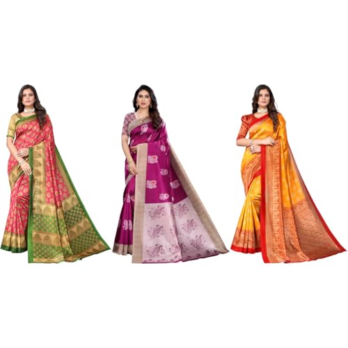 Image of Yashika Women's Sarees Women's Combo Art Silk Printed Saree With Unstitched Blouse Piece |saree for Women | saree combo | New Sari | Saree Pack Of 3