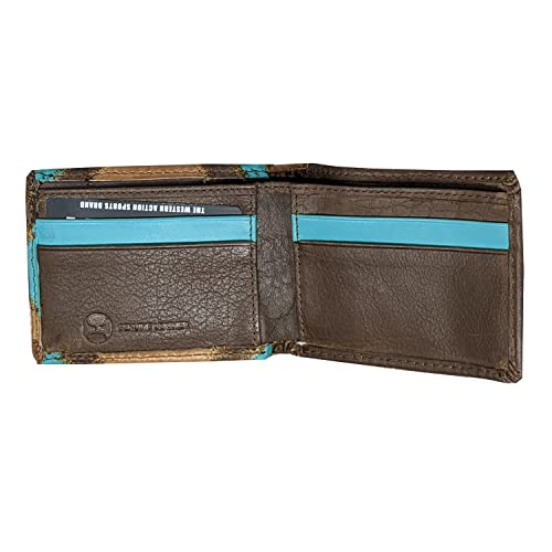 Image of HOOEY Montezuma Men's Leather Bifold Wallet - Brown & Turquoise Patchwork Genuine Leather, Slim Western Wallet with 4 Card Slots & Cash Pocket